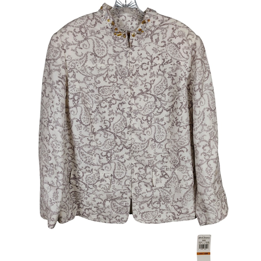 NWT Alfred Dunner Womens 16W Silver Paisley Linen Blend Embellished Jacket Boho